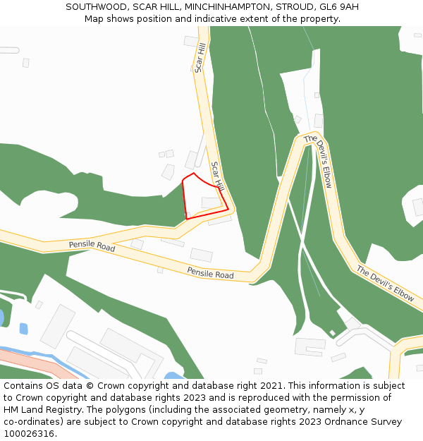 SOUTHWOOD, SCAR HILL, MINCHINHAMPTON, STROUD, GL6 9AH: Location map and indicative extent of plot
