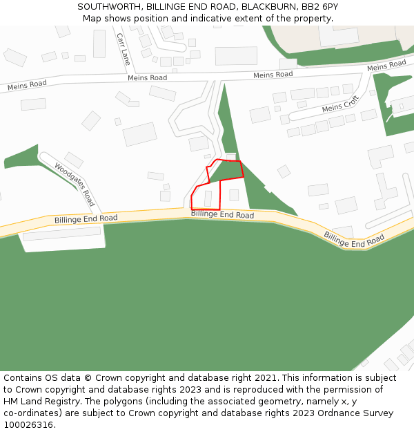 SOUTHWORTH, BILLINGE END ROAD, BLACKBURN, BB2 6PY: Location map and indicative extent of plot