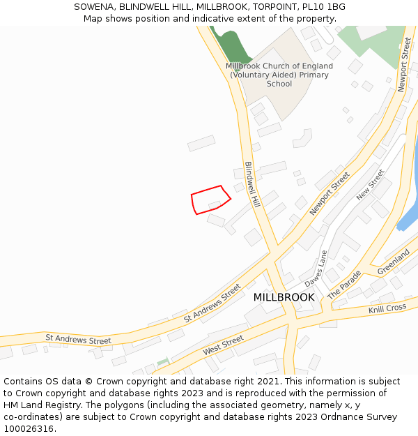 SOWENA, BLINDWELL HILL, MILLBROOK, TORPOINT, PL10 1BG: Location map and indicative extent of plot