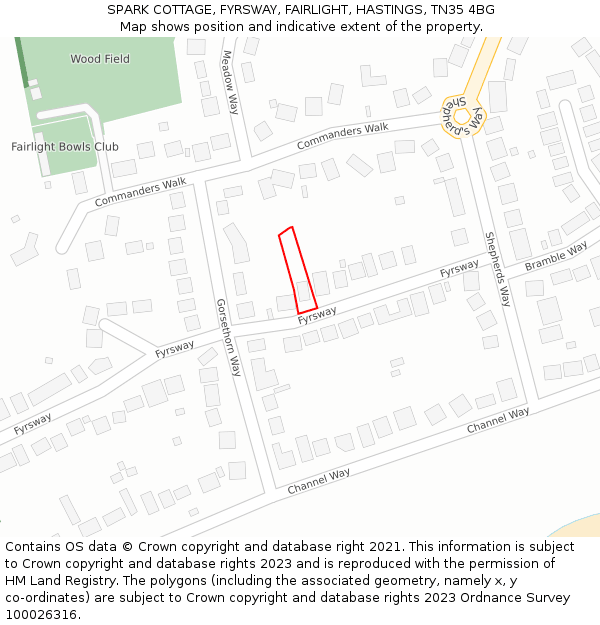SPARK COTTAGE, FYRSWAY, FAIRLIGHT, HASTINGS, TN35 4BG: Location map and indicative extent of plot