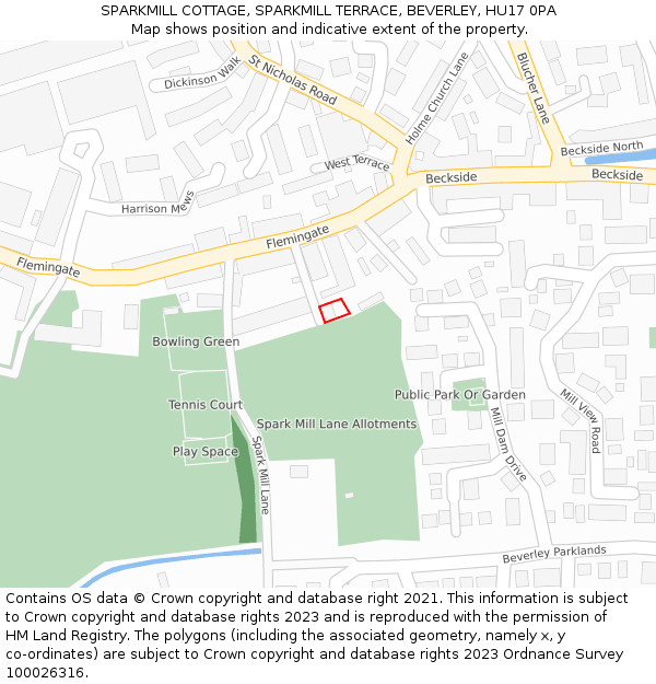 SPARKMILL COTTAGE, SPARKMILL TERRACE, BEVERLEY, HU17 0PA: Location map and indicative extent of plot