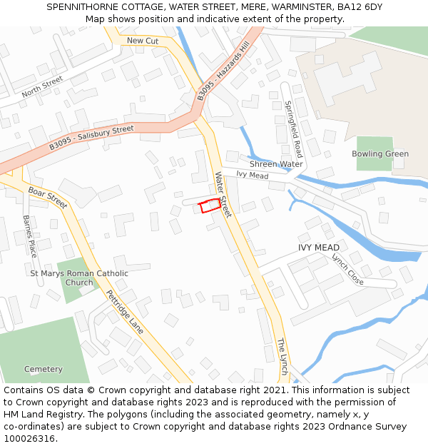 SPENNITHORNE COTTAGE, WATER STREET, MERE, WARMINSTER, BA12 6DY: Location map and indicative extent of plot