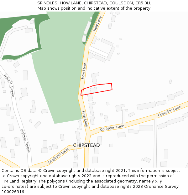 SPINDLES, HOW LANE, CHIPSTEAD, COULSDON, CR5 3LL: Location map and indicative extent of plot
