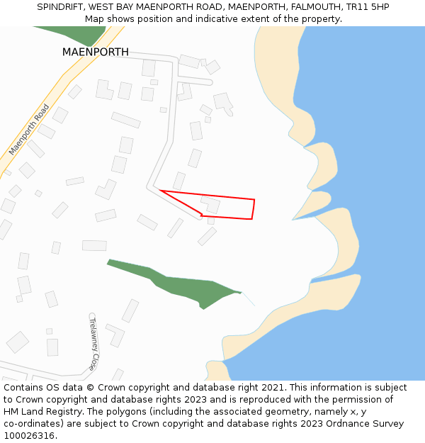 SPINDRIFT, WEST BAY MAENPORTH ROAD, MAENPORTH, FALMOUTH, TR11 5HP: Location map and indicative extent of plot