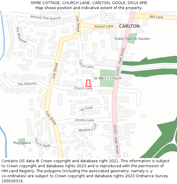 SPIRE COTTAGE, CHURCH LANE, CARLTON, GOOLE, DN14 9PB: Location map and indicative extent of plot