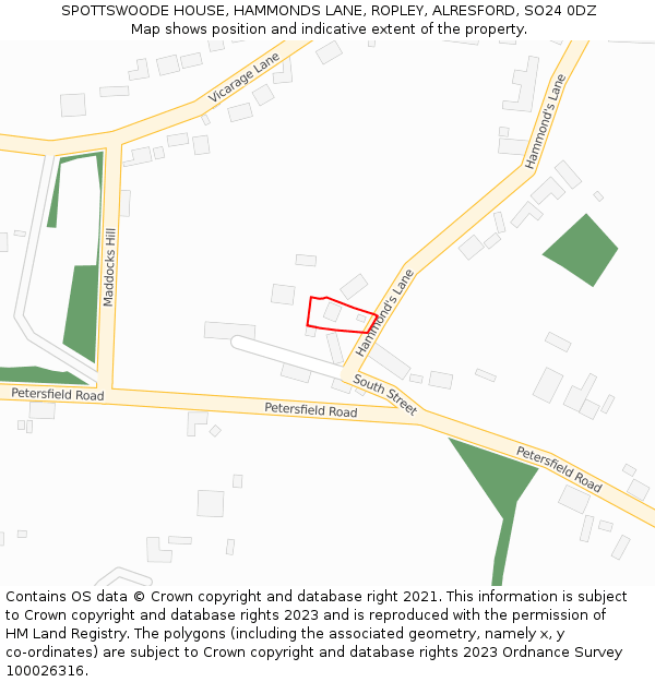 SPOTTSWOODE HOUSE, HAMMONDS LANE, ROPLEY, ALRESFORD, SO24 0DZ: Location map and indicative extent of plot