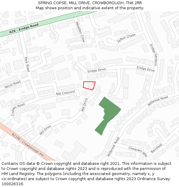 SPRING COPSE, MILL DRIVE, CROWBOROUGH, TN6 2RR: Location map and indicative extent of plot