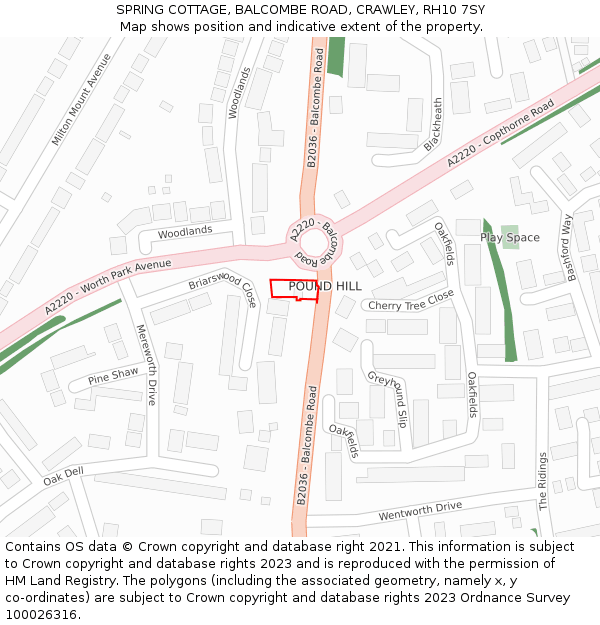 SPRING COTTAGE, BALCOMBE ROAD, CRAWLEY, RH10 7SY: Location map and indicative extent of plot