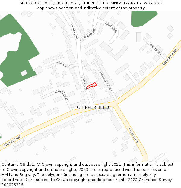 SPRING COTTAGE, CROFT LANE, CHIPPERFIELD, KINGS LANGLEY, WD4 9DU: Location map and indicative extent of plot