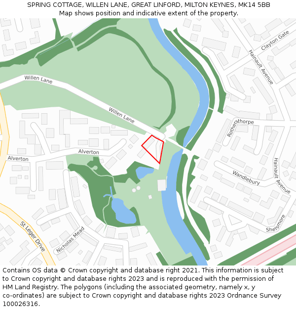 SPRING COTTAGE, WILLEN LANE, GREAT LINFORD, MILTON KEYNES, MK14 5BB: Location map and indicative extent of plot