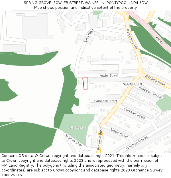 SPRING GROVE, FOWLER STREET, WAINFELIN, PONTYPOOL, NP4 6DW: Location map and indicative extent of plot