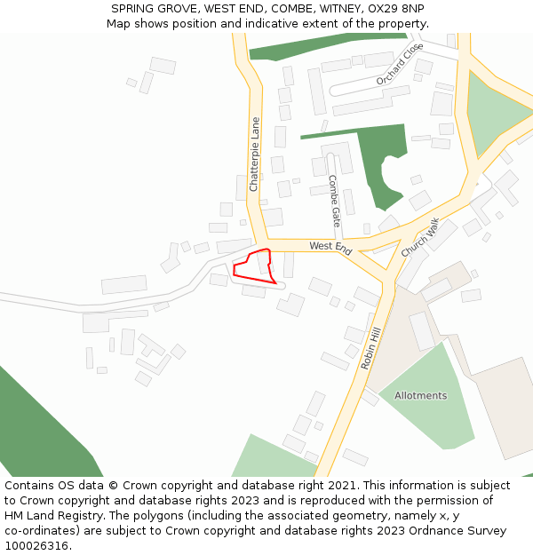 SPRING GROVE, WEST END, COMBE, WITNEY, OX29 8NP: Location map and indicative extent of plot