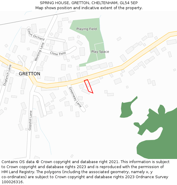 SPRING HOUSE, GRETTON, CHELTENHAM, GL54 5EP: Location map and indicative extent of plot