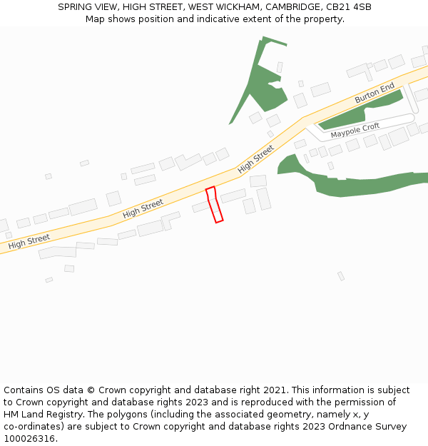 SPRING VIEW, HIGH STREET, WEST WICKHAM, CAMBRIDGE, CB21 4SB: Location map and indicative extent of plot