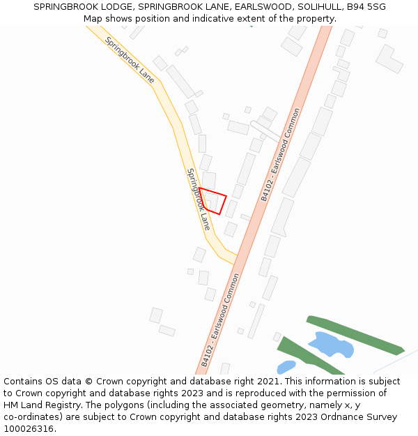 SPRINGBROOK LODGE, SPRINGBROOK LANE, EARLSWOOD, SOLIHULL, B94 5SG: Location map and indicative extent of plot