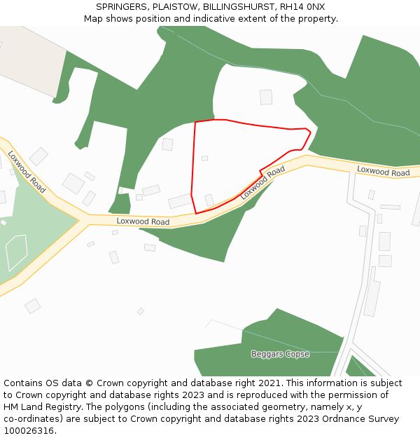 SPRINGERS, PLAISTOW, BILLINGSHURST, RH14 0NX: Location map and indicative extent of plot