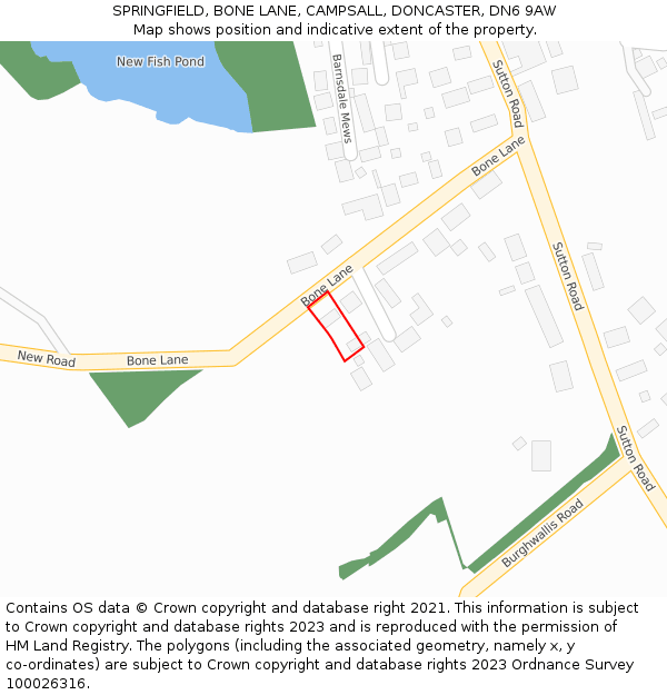 SPRINGFIELD, BONE LANE, CAMPSALL, DONCASTER, DN6 9AW: Location map and indicative extent of plot