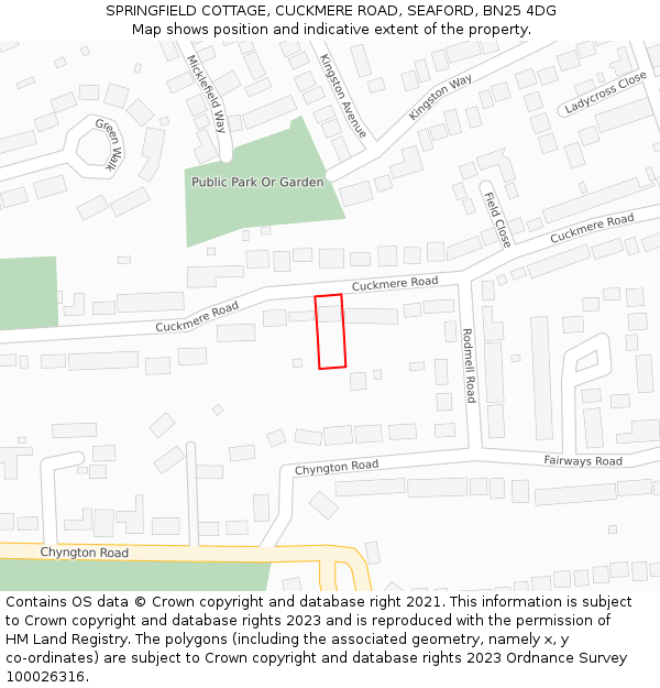 SPRINGFIELD COTTAGE, CUCKMERE ROAD, SEAFORD, BN25 4DG: Location map and indicative extent of plot