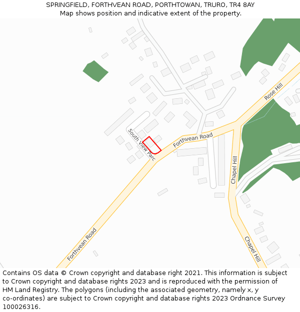 SPRINGFIELD, FORTHVEAN ROAD, PORTHTOWAN, TRURO, TR4 8AY: Location map and indicative extent of plot