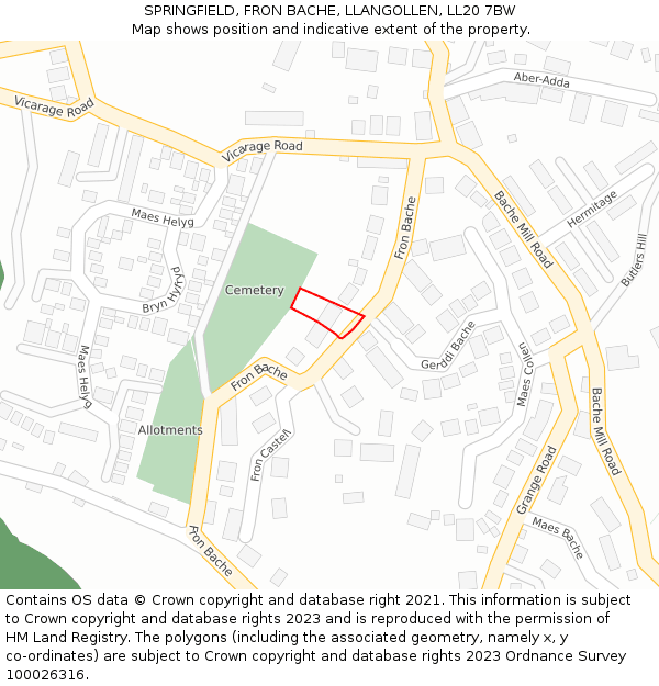 SPRINGFIELD, FRON BACHE, LLANGOLLEN, LL20 7BW: Location map and indicative extent of plot