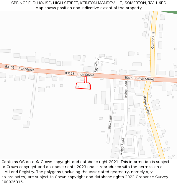 SPRINGFIELD HOUSE, HIGH STREET, KEINTON MANDEVILLE, SOMERTON, TA11 6ED: Location map and indicative extent of plot