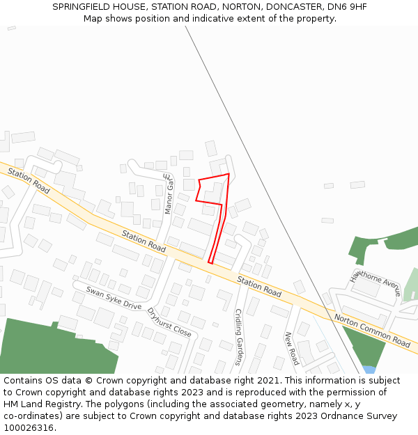 SPRINGFIELD HOUSE, STATION ROAD, NORTON, DONCASTER, DN6 9HF: Location map and indicative extent of plot