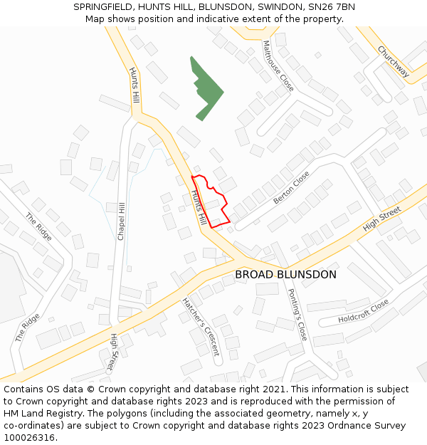 SPRINGFIELD, HUNTS HILL, BLUNSDON, SWINDON, SN26 7BN: Location map and indicative extent of plot