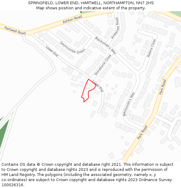 SPRINGFIELD, LOWER END, HARTWELL, NORTHAMPTON, NN7 2HS: Location map and indicative extent of plot