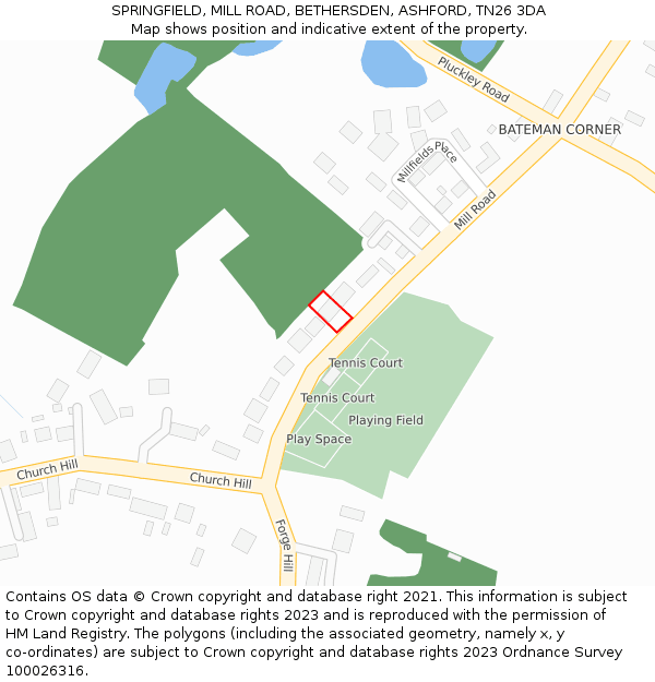 SPRINGFIELD, MILL ROAD, BETHERSDEN, ASHFORD, TN26 3DA: Location map and indicative extent of plot