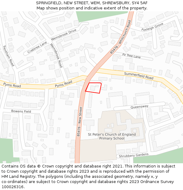 SPRINGFIELD, NEW STREET, WEM, SHREWSBURY, SY4 5AF: Location map and indicative extent of plot