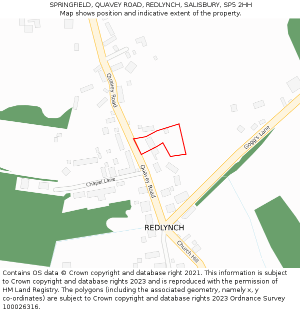 SPRINGFIELD, QUAVEY ROAD, REDLYNCH, SALISBURY, SP5 2HH: Location map and indicative extent of plot