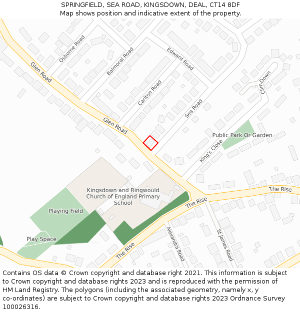 SPRINGFIELD, SEA ROAD, KINGSDOWN, DEAL, CT14 8DF: Location map and indicative extent of plot