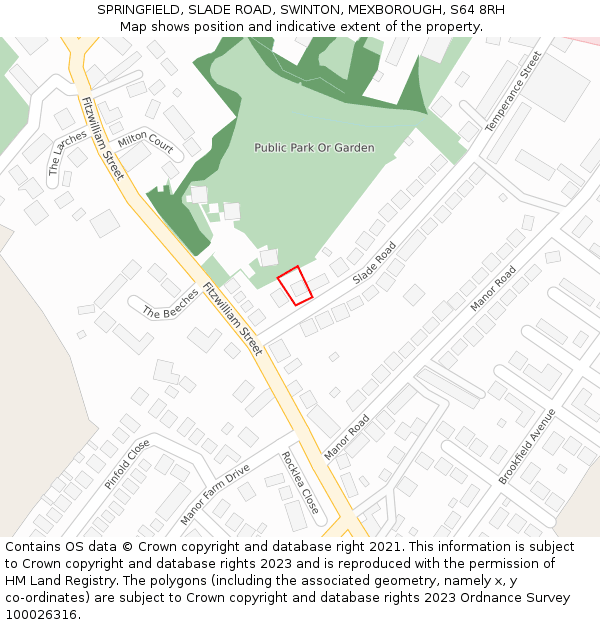 SPRINGFIELD, SLADE ROAD, SWINTON, MEXBOROUGH, S64 8RH: Location map and indicative extent of plot