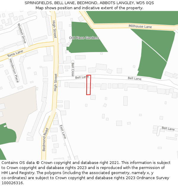 SPRINGFIELDS, BELL LANE, BEDMOND, ABBOTS LANGLEY, WD5 0QS: Location map and indicative extent of plot