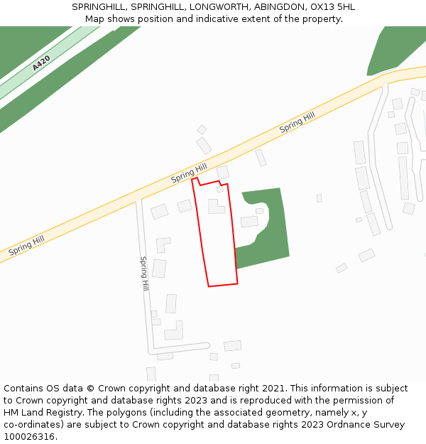 SPRINGHILL, SPRINGHILL, LONGWORTH, ABINGDON, OX13 5HL: Location map and indicative extent of plot