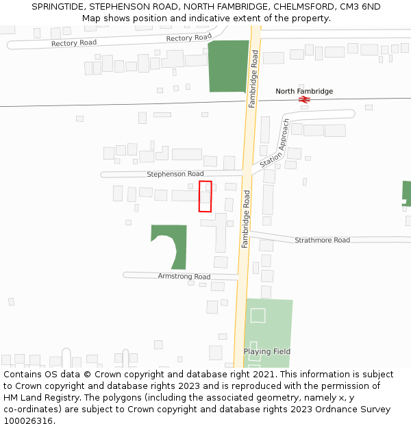 SPRINGTIDE, STEPHENSON ROAD, NORTH FAMBRIDGE, CHELMSFORD, CM3 6ND: Location map and indicative extent of plot