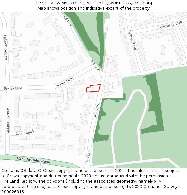SPRINGVIEW MANOR, 31, MILL LANE, WORTHING, BN13 3DJ: Location map and indicative extent of plot