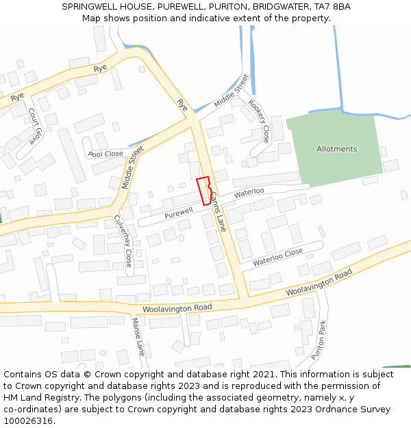 SPRINGWELL HOUSE, PUREWELL, PURITON, BRIDGWATER, TA7 8BA: Location map and indicative extent of plot