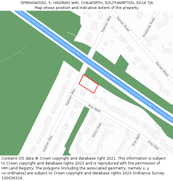 SPRINGWOOD, 5, HADRIAN WAY, CHILWORTH, SOUTHAMPTON, SO16 7JA: Location map and indicative extent of plot