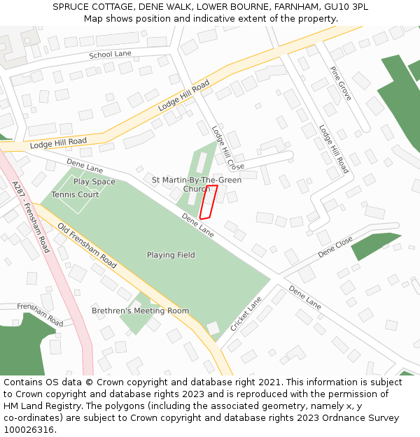 SPRUCE COTTAGE, DENE WALK, LOWER BOURNE, FARNHAM, GU10 3PL: Location map and indicative extent of plot