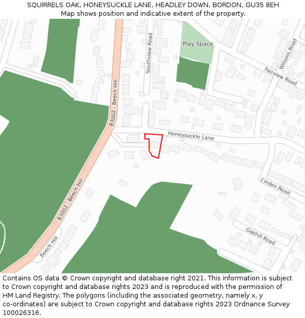 SQUIRRELS OAK, HONEYSUCKLE LANE, HEADLEY DOWN, BORDON, GU35 8EH: Location map and indicative extent of plot