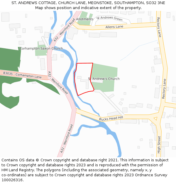 ST. ANDREWS COTTAGE, CHURCH LANE, MEONSTOKE, SOUTHAMPTON, SO32 3NE: Location map and indicative extent of plot