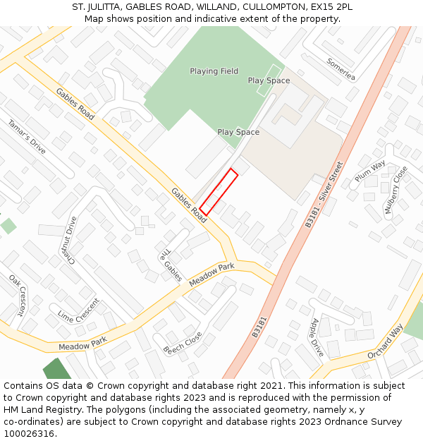 ST. JULITTA, GABLES ROAD, WILLAND, CULLOMPTON, EX15 2PL: Location map and indicative extent of plot