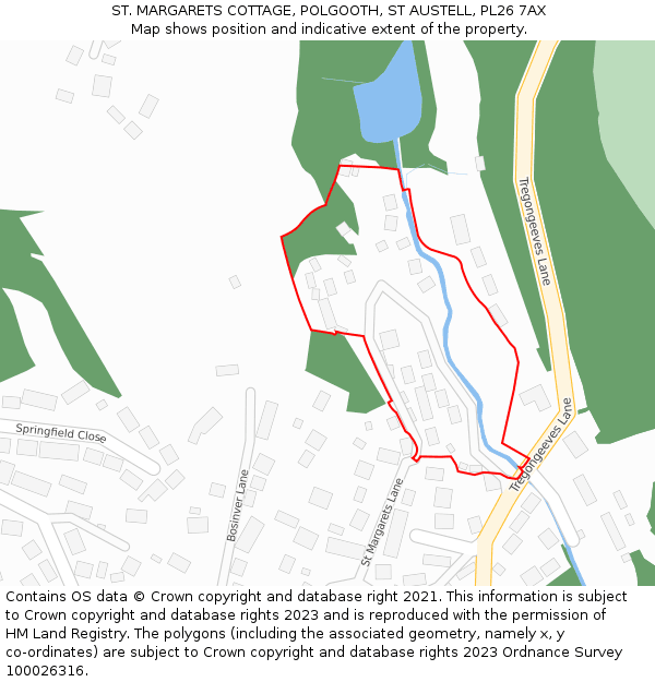 ST. MARGARETS COTTAGE, POLGOOTH, ST AUSTELL, PL26 7AX: Location map and indicative extent of plot