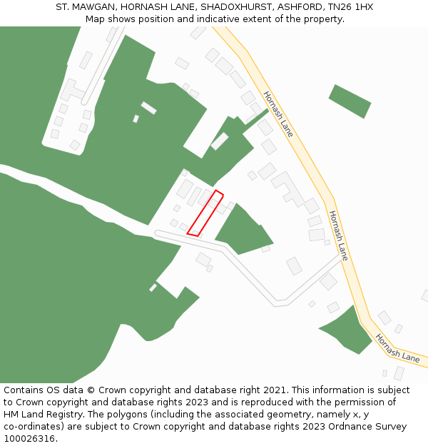 ST. MAWGAN, HORNASH LANE, SHADOXHURST, ASHFORD, TN26 1HX: Location map and indicative extent of plot
