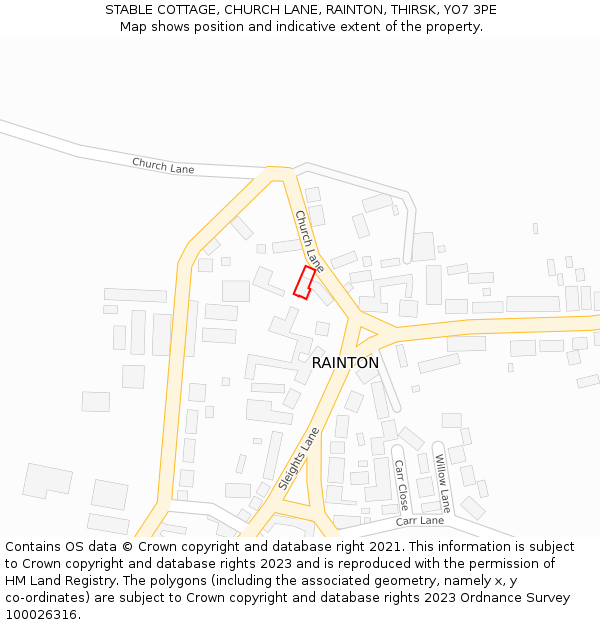 STABLE COTTAGE, CHURCH LANE, RAINTON, THIRSK, YO7 3PE: Location map and indicative extent of plot