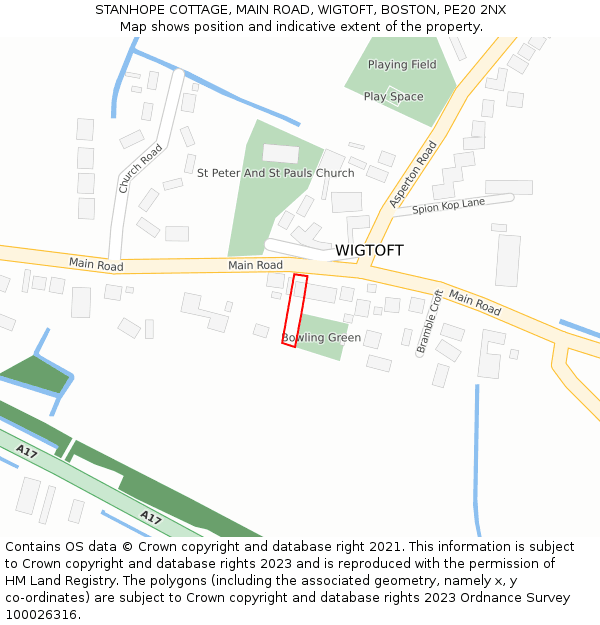STANHOPE COTTAGE, MAIN ROAD, WIGTOFT, BOSTON, PE20 2NX: Location map and indicative extent of plot