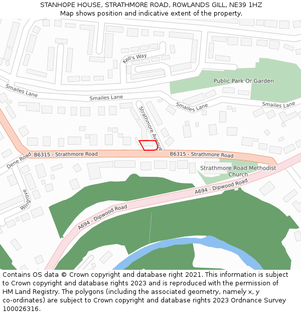 STANHOPE HOUSE, STRATHMORE ROAD, ROWLANDS GILL, NE39 1HZ: Location map and indicative extent of plot