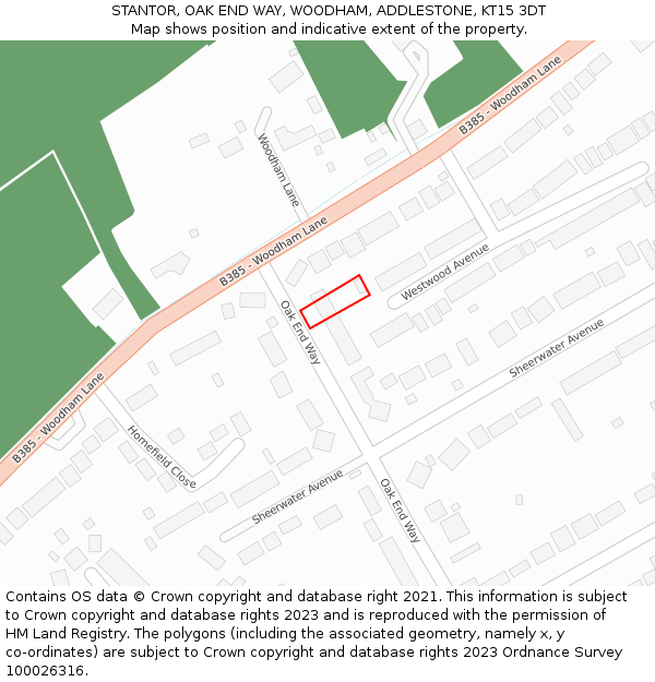 STANTOR, OAK END WAY, WOODHAM, ADDLESTONE, KT15 3DT: Location map and indicative extent of plot