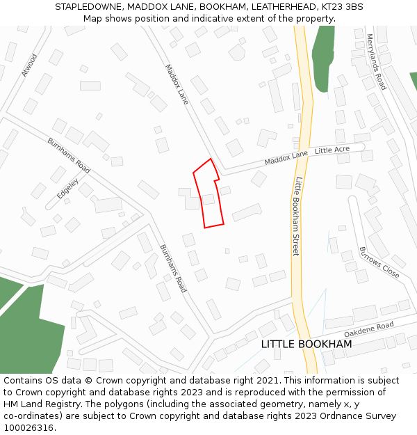 STAPLEDOWNE, MADDOX LANE, BOOKHAM, LEATHERHEAD, KT23 3BS: Location map and indicative extent of plot